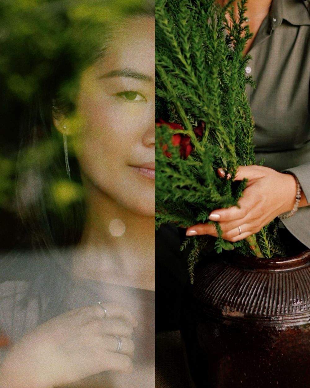Yukino framed by leaves, and her hands arranging greenery in a vase